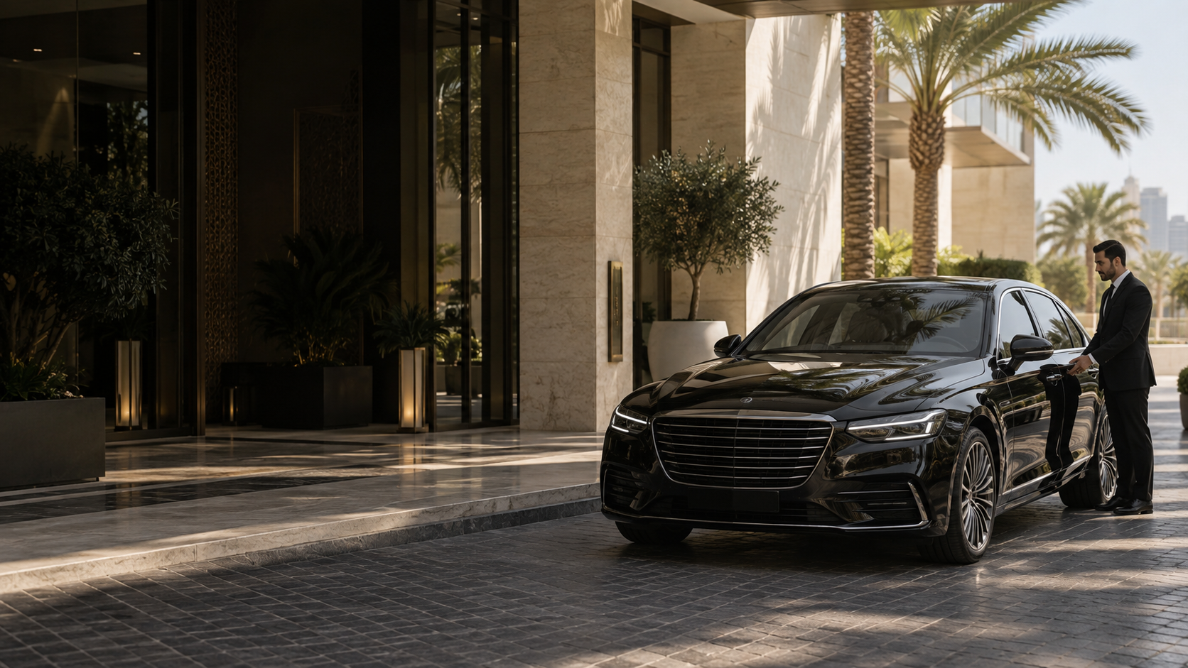 Illustrative scene of a valet greeting a guest at a contemporary venue